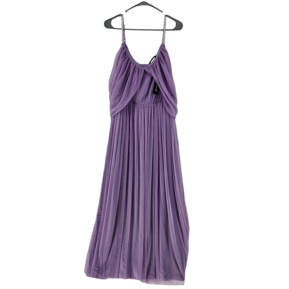 Candalite Women's Purple Drape Sleeve Spaghetti Strap Pleated Long Prom Dress - Picture 1 of 5